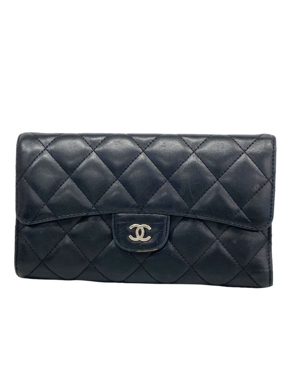 Chanel Trifold Wallet Quilted Lambskin Black Silver